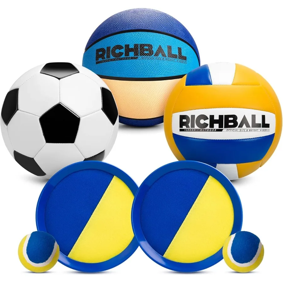4in1 Outdoor Sports Ball Set for Soccer Ball Basketball Volleyball and TossandCatch Paddle Game for Boys and Girls 412 Years Ol