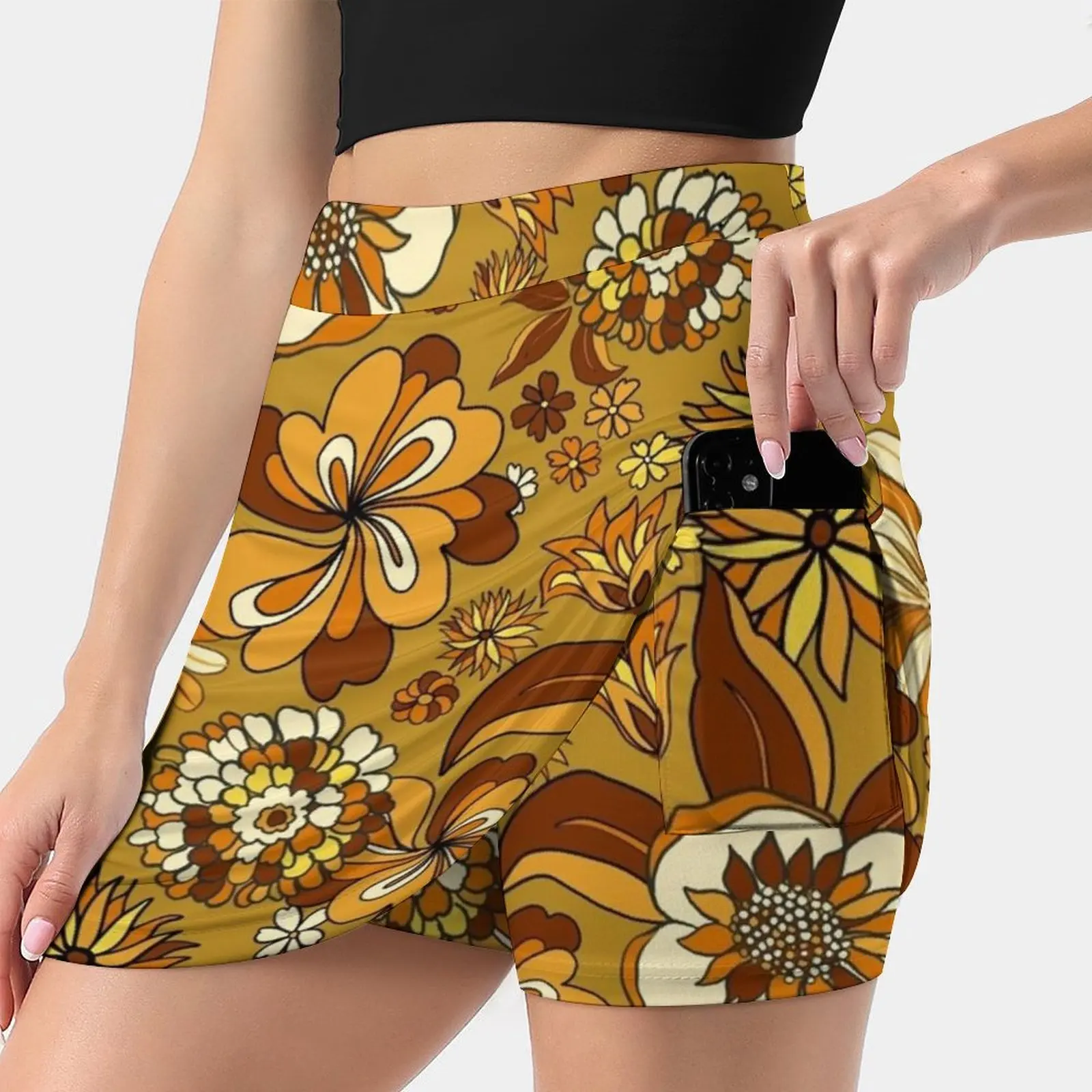 70S Vintage Flower Power Floral Pattern , Orange , Mustard Skirts Woman Fashion 2022 Pant Skirt Mini Skirts Office Short Skirt