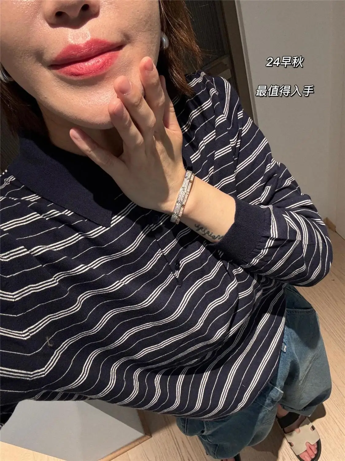 2025 autumn new polo stripes full of logo pattern color matching loose casual age-reducing long-sleeved T-shirt top