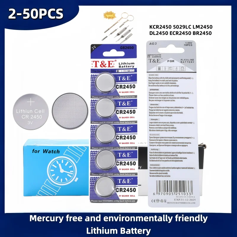 Bulk Pack 2-50PCS CR2450 Coin Cell Battery 3V 600mAh for Watches Calculators Car Key Fobs KCR2450 LM2450 DL2450 BR2450 Button Ce