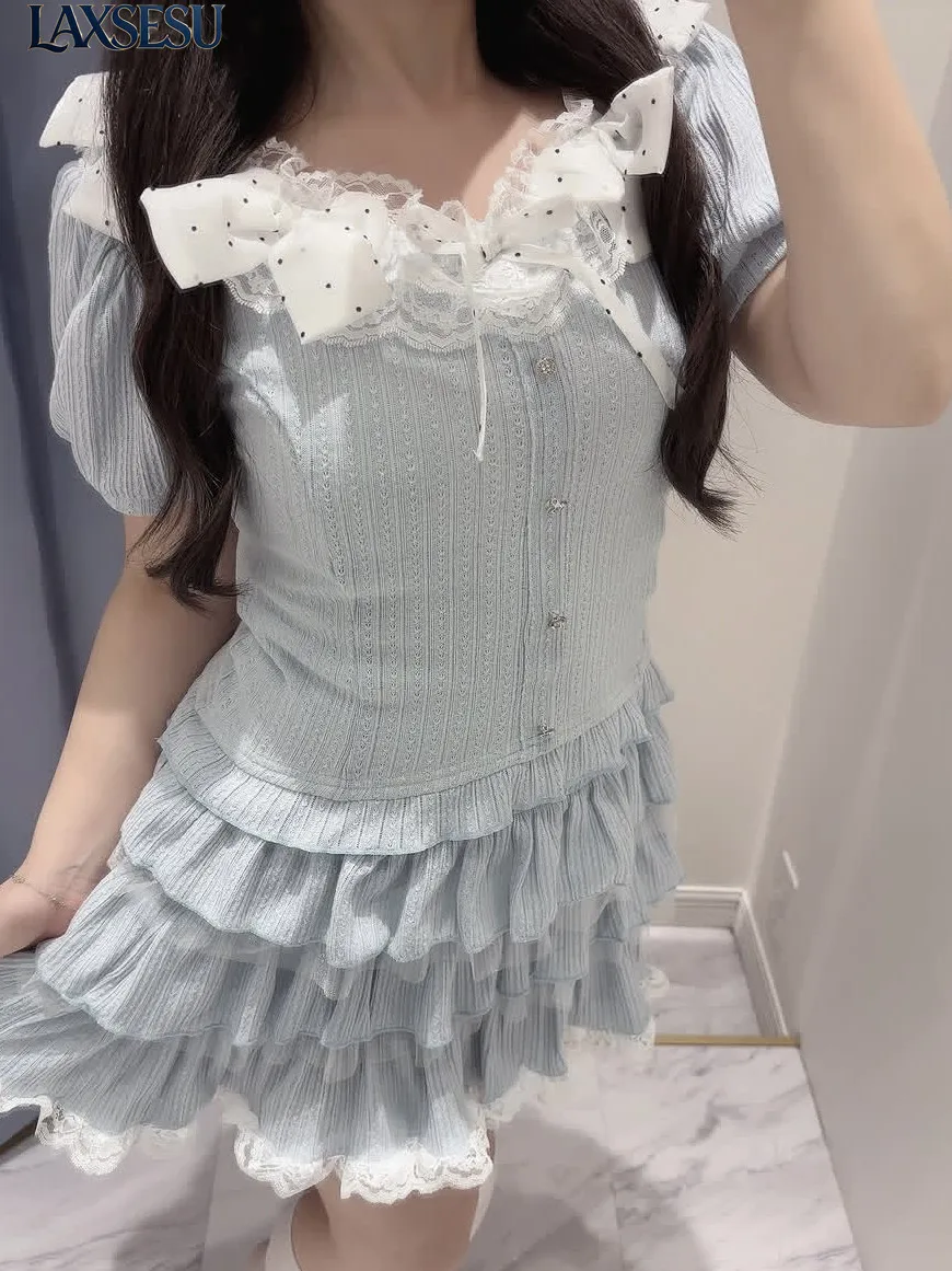 Womens Two Peice Sets Summer Japanese Style 2026 New Cute and Sweet Short Sleeve Top with High Waist Skirt Set for Girl