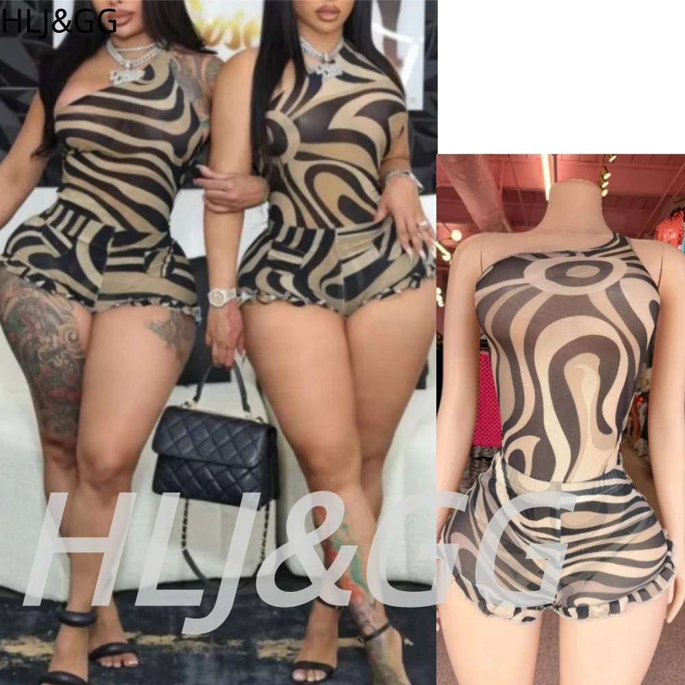 HLJ&GG Fashion Zebra Print Mesh See Though Bodysuits Two Piece Sets Women Sleeveless Slim Top + Ruffle Shorts Outfits Streetwear