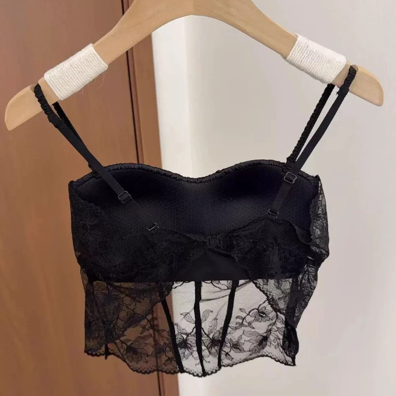 MOYISU Thin Strap Bandeau Bra, Elegant French Lace Satin, Sexy Beautiful Back, Thin Style Push Up Lingerie Fit Small Bust 32- 38