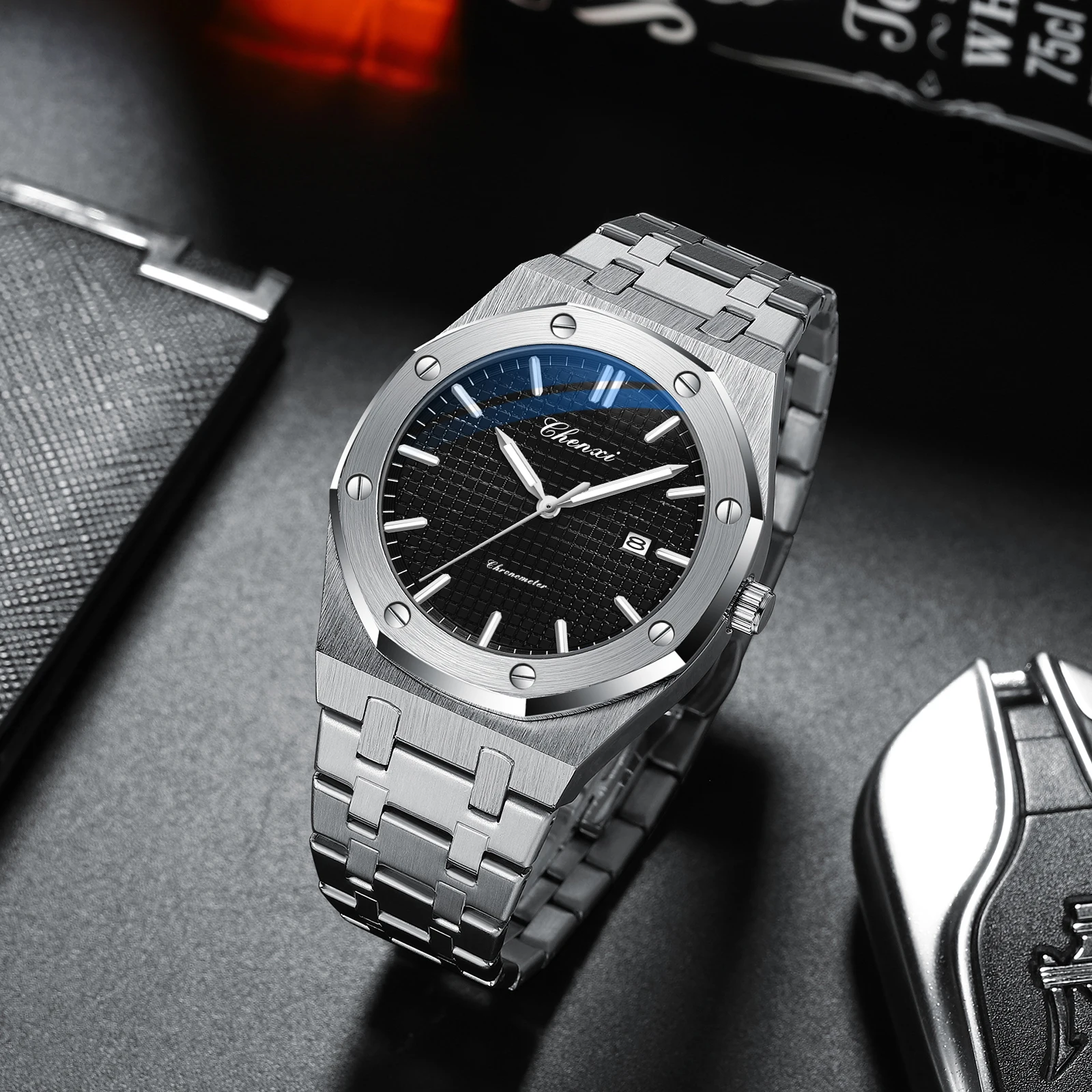 NEW CHENXI プレミアムブランド 高級カジュアルメンズ腕時計 夜光、防水、日付表示 ステンレススチール製メンズ腕時計