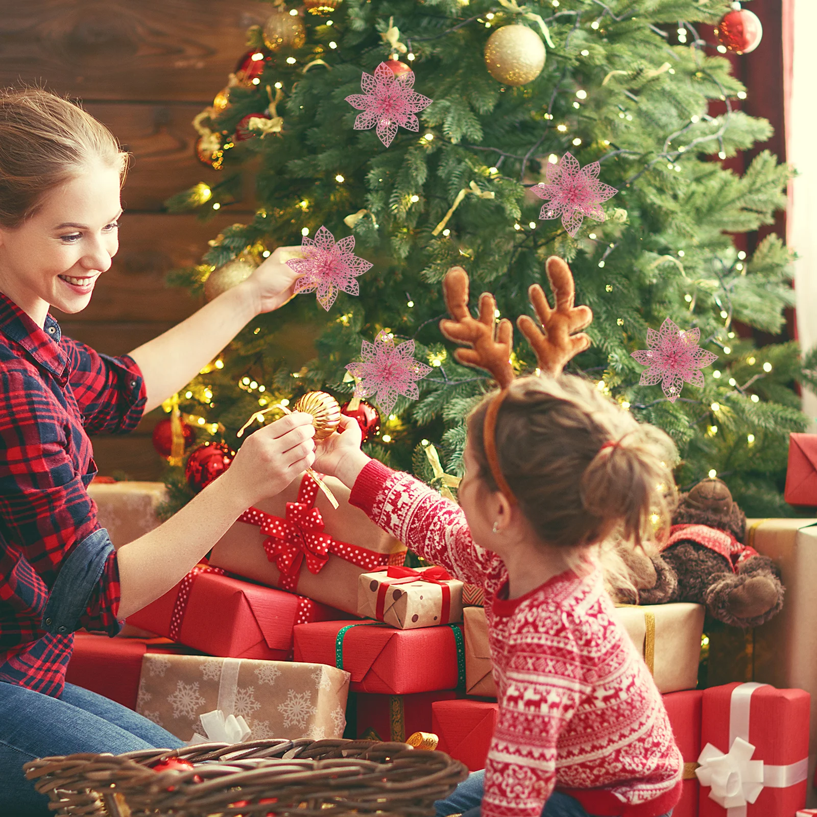 

10Pcs Christmas Artificial Pink Simulated Flowers Plastic Decoration Christmas Tree Wedding Birthday Garden Party Home Decor