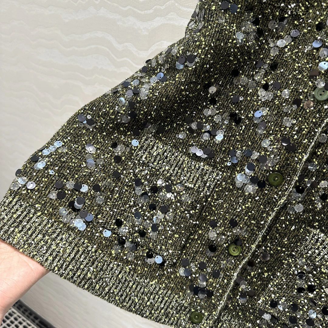 New luxury sequin embroidered knitted cardigan women\'s spring clothing elegant lapel single breasted long sleeved sweater coat