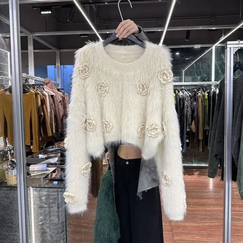 

Mian Velvet Small Flowers Round Neck Autumn New Three-dimensional Flower Pullover Temperament Trendy Warm Sweater