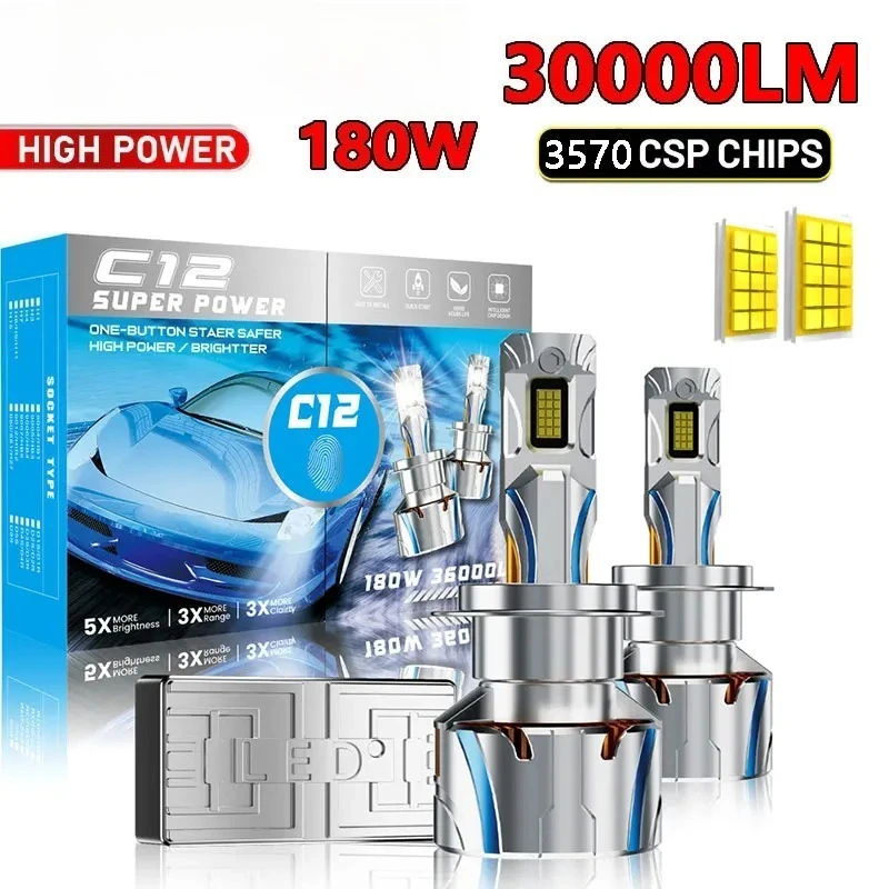 

180W C12 LED Car Headlight Bulbs H7 H4 High Power Super Bright Hi/Low Beam Auto Front Lamp Retrofit Headlamp 12V Upgrade