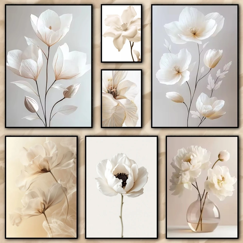 Pintura de flores de peonía Beige nórdico sin marco, caligrafía, lienzo HD, póster, sala de estar, dormitorio, bar, decoració