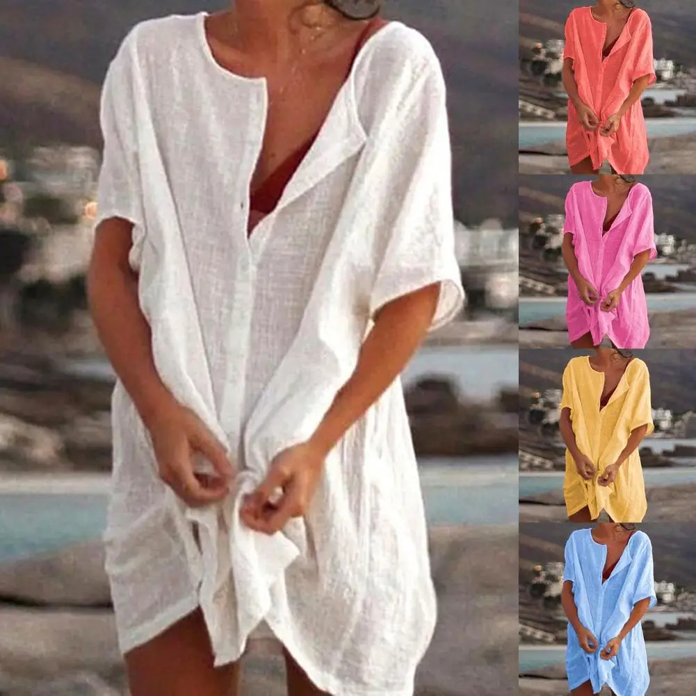 Stylish Button Down Shirt  O Necks Female Cover Up  Sun Protection Loose-fitting Bikini Cover Up