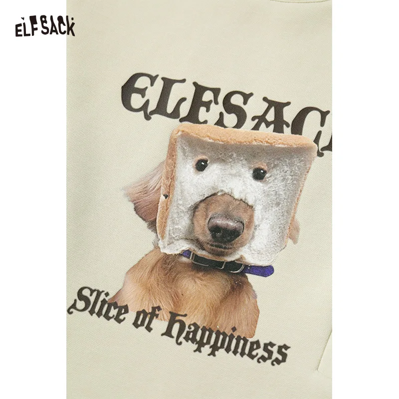 ELFSACK 2025 Autumn New Arrival Y2K Plaid Panel Bread Dog Print Crewneck Hoodie Oversized Top For Woman