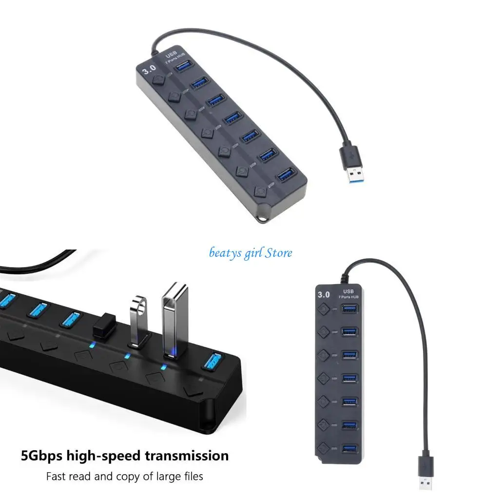C7AB USB HUB с 7 с питанием с индивидуальными переключателями для флэш -накопителей.
