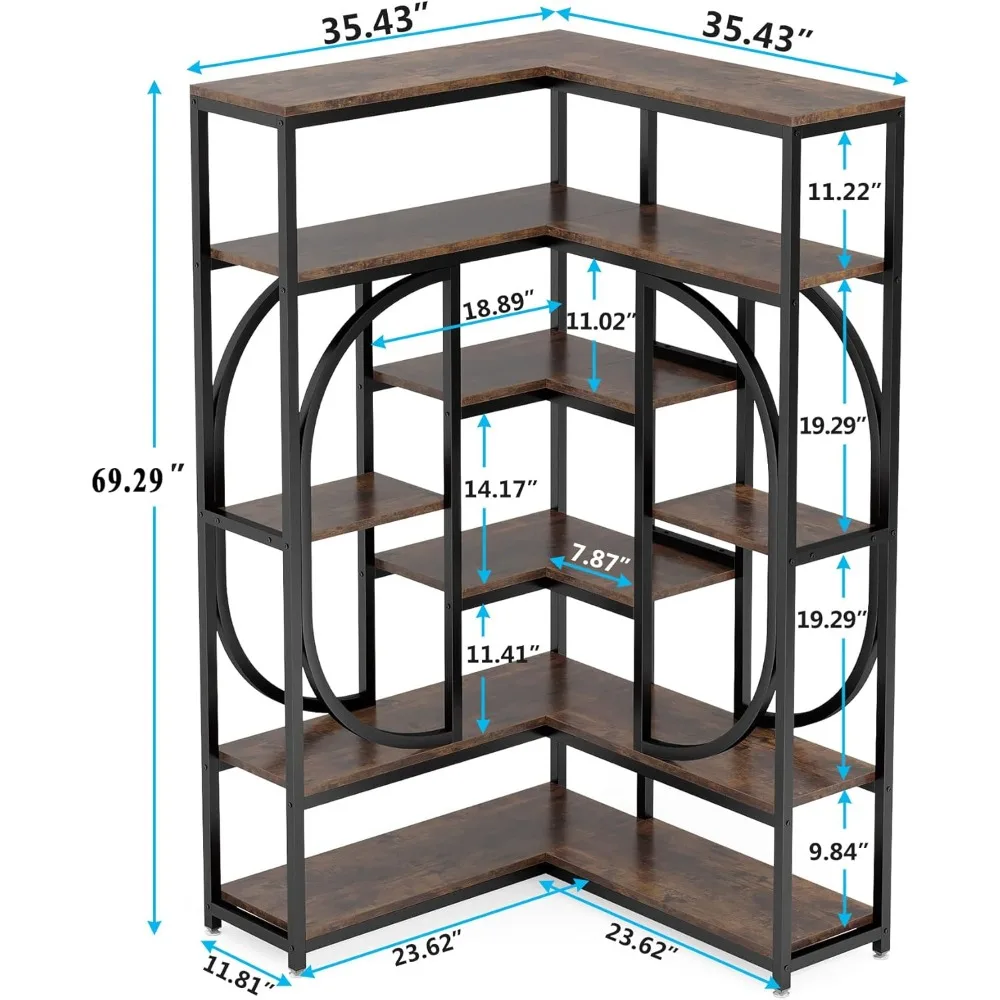 7-Shelf Corner Bookshelf, Large Modern Corner Bookcase, Tall L-Shaped Corner Shelf Stand Display Rack with Storage, Metal Frame