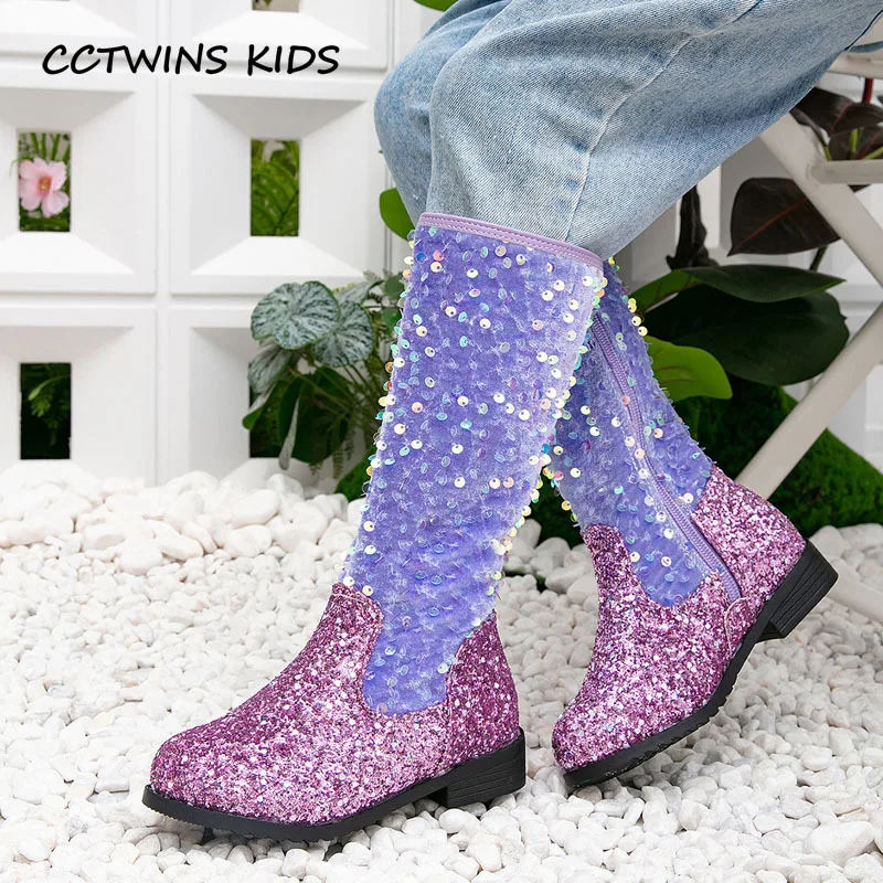 Botas altas femininas com glitter Bling, Sapatos de princesa, Botas de bezerro médio, Apartamentos quentes infantis, Criança, Crianças, Moda, Inverno