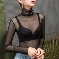 Turtleneck Mesh Women Spring Summer Long Sleeve See-Through Tulle Bottom Shirt Fashion High Street Black Lace Sexy Harajuku Tops