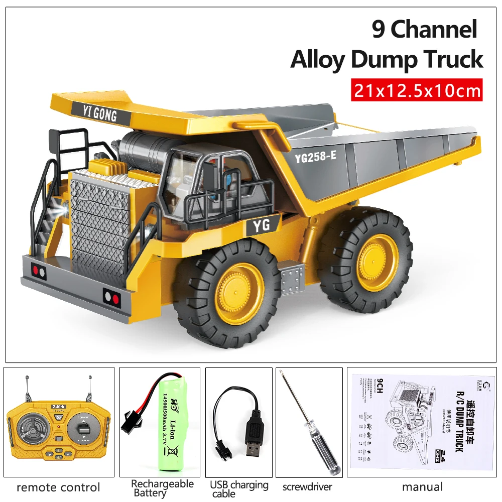 2.4Ghz 1/20 Remote Control Engineering Dumper Trucks 9CH Construction RC Alloy Vehicle Dump Truck Car with Lights Boy Toy Gift