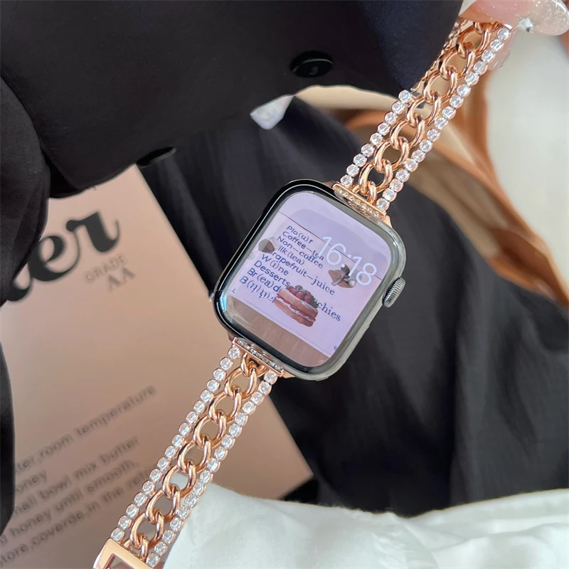 Luxury Glitter Drill Metal Strap For Apple Watch Band Ultra 2 49mm 45/44mm 42 38 40 41mm Woman Wrist Chain iwatch 9 8 7 6 SE 5 4