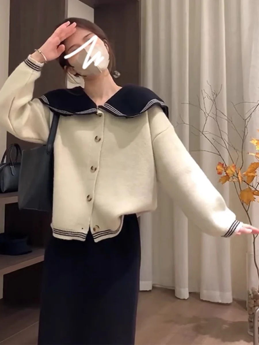 Marine Kraag Gebreid Open Vest Trui Dames Herfst Winter Losse Ort Sle Casual Afslankende Top Nieuwe 2024 Faion