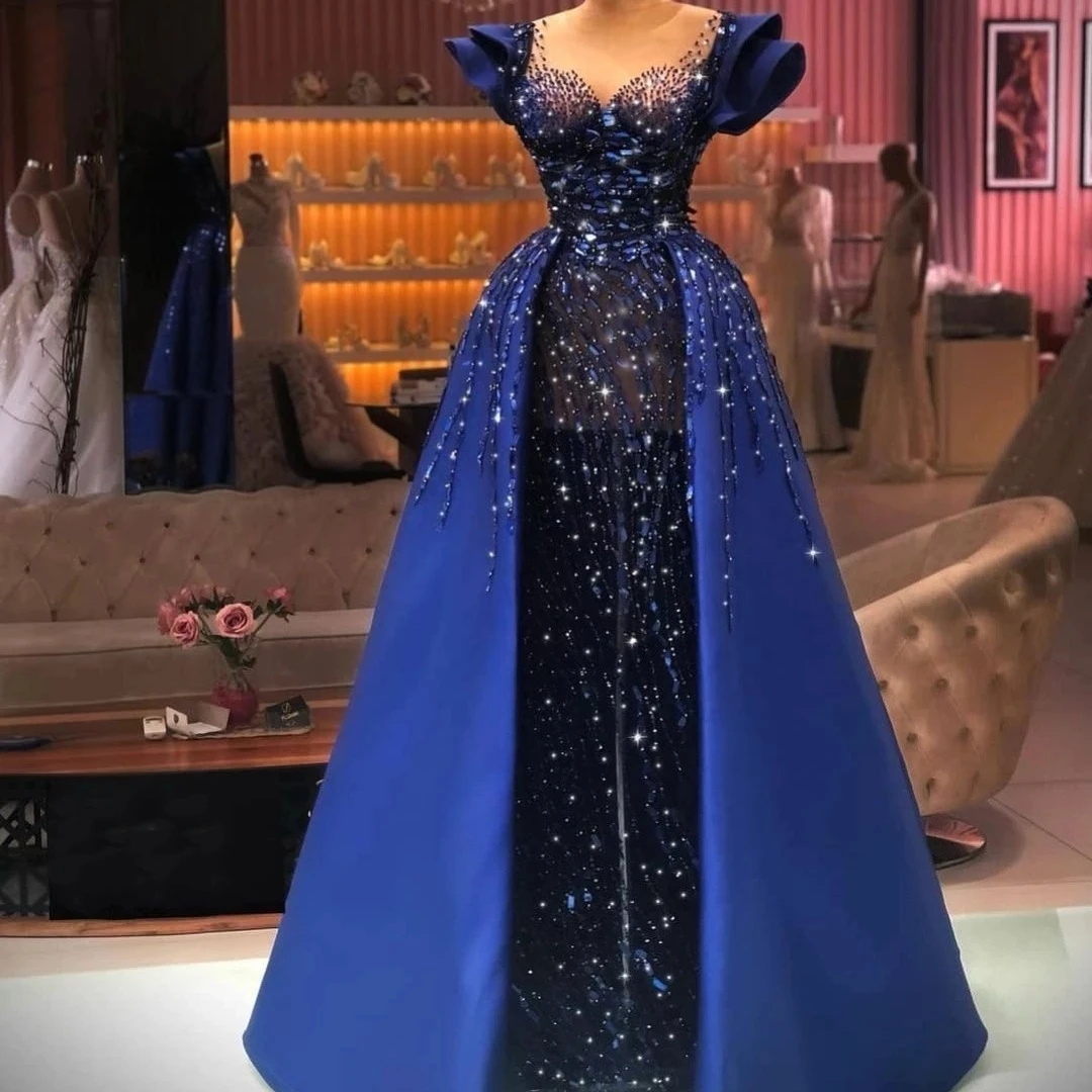 Royal Blue Sequins Evening Dress Beaded Perspective Prom Dress Customization Formal Performance Party Dress Plus Size Customizat