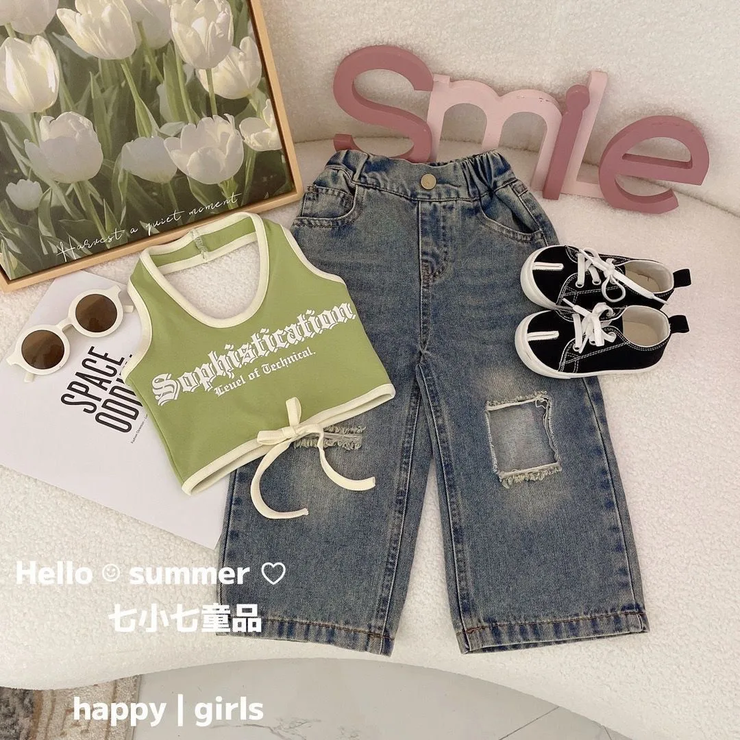 Girls Summer Set With Stylish Children's Camisole Vest and Ripped Jeans Two-piece Set