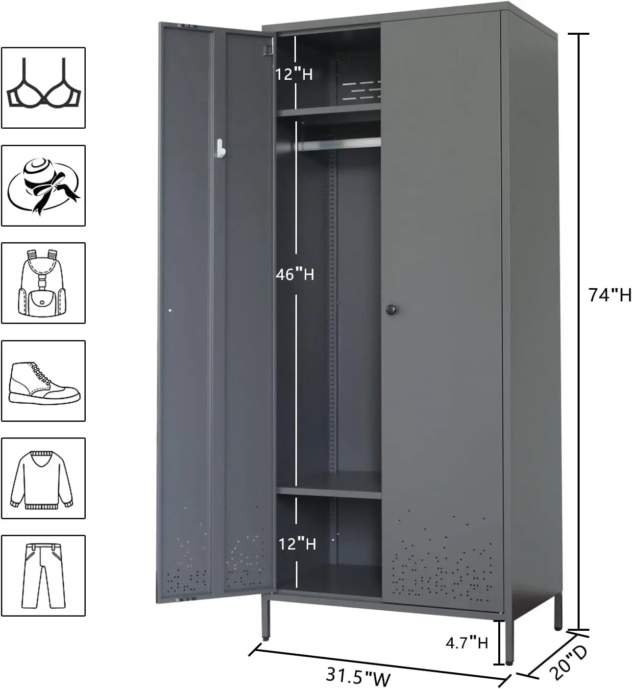 Metal Storage Cabinet with Hanging Rod, Wardrobe Armoire Closet for Bedroom, Laundry Room image 3