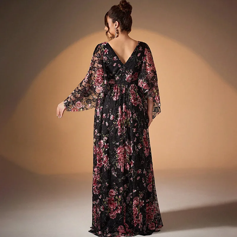 เดรสลายดอกไม้พิมพ์ลายดอกไม้ฤดูใบไม้ผลิสำหรับสาวอวบ ทรงหลวม แฟชั่น แขนยาว คอวี เปิดหลัง