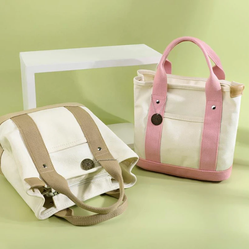 Canvas Tote Bag Portable Large Capacity Leisure Lunch Bento Bucket Bag Multi-divided Handbag