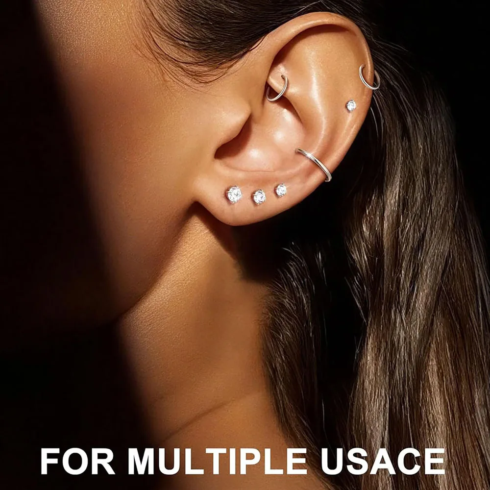7PCS/13PCS A Set Flat Back Earrings for Women Men 16G Stainless Steel Nose Studs Hoops Rings Internal Thread CZ Studs Piercing