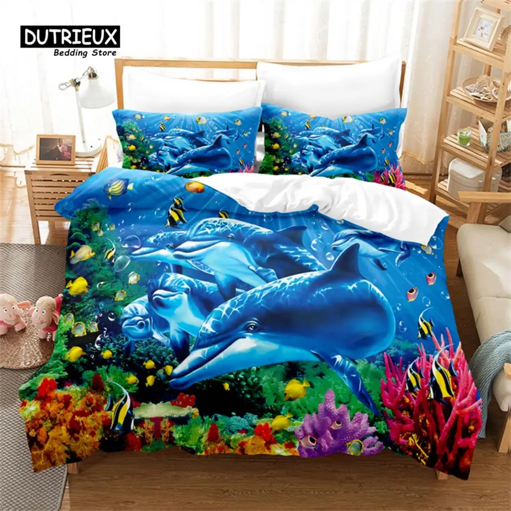 

Blue Dolphin Design Duvet Cover Set, Fashion Bedding Set, Soft Comfortable Breathable Duvet Cover, For Bedroom Guest Room Decor