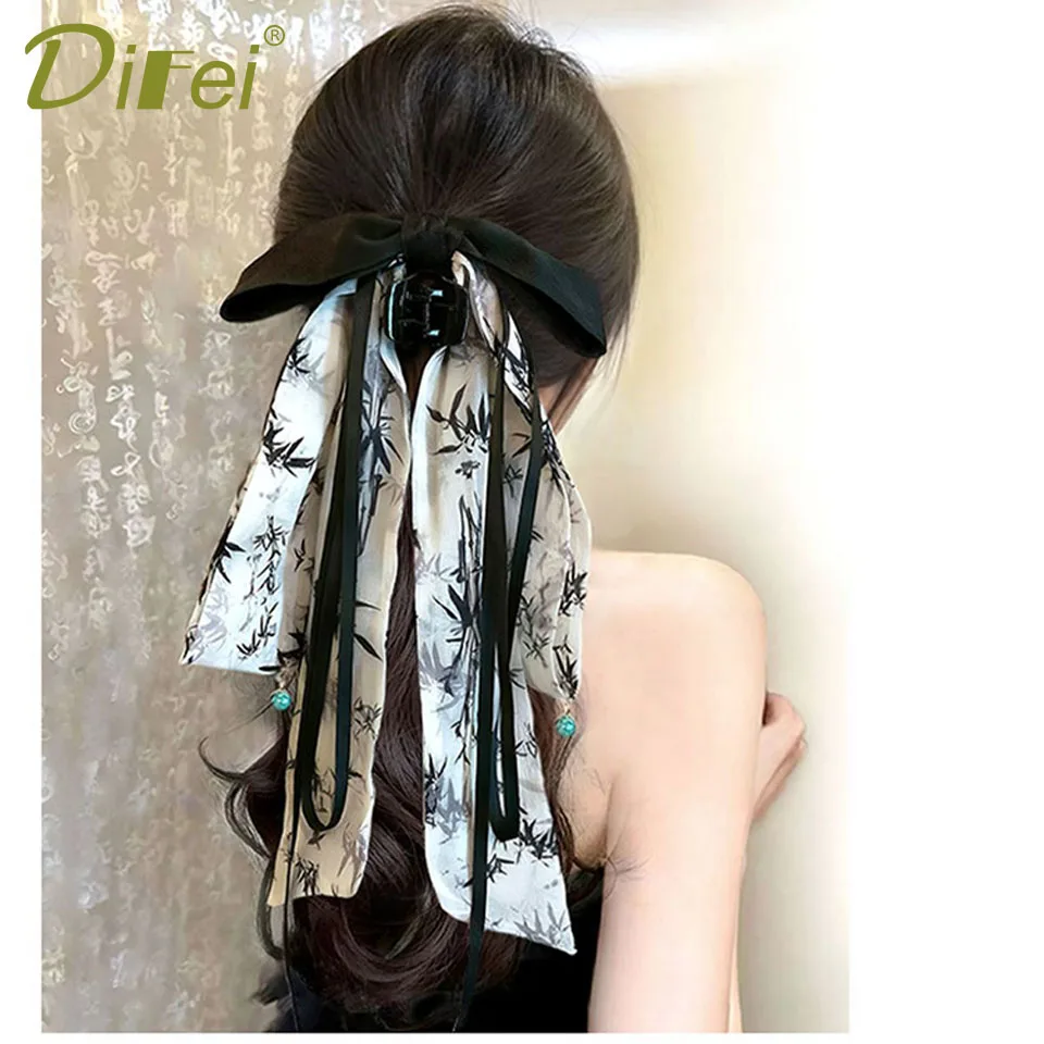 DIFEI Bow Claw Clip Ponytail Synthetic Wig Female Ink Ribbon Bow Grab Clip Temperament Micro Curly Hair Low Ponytail Wig