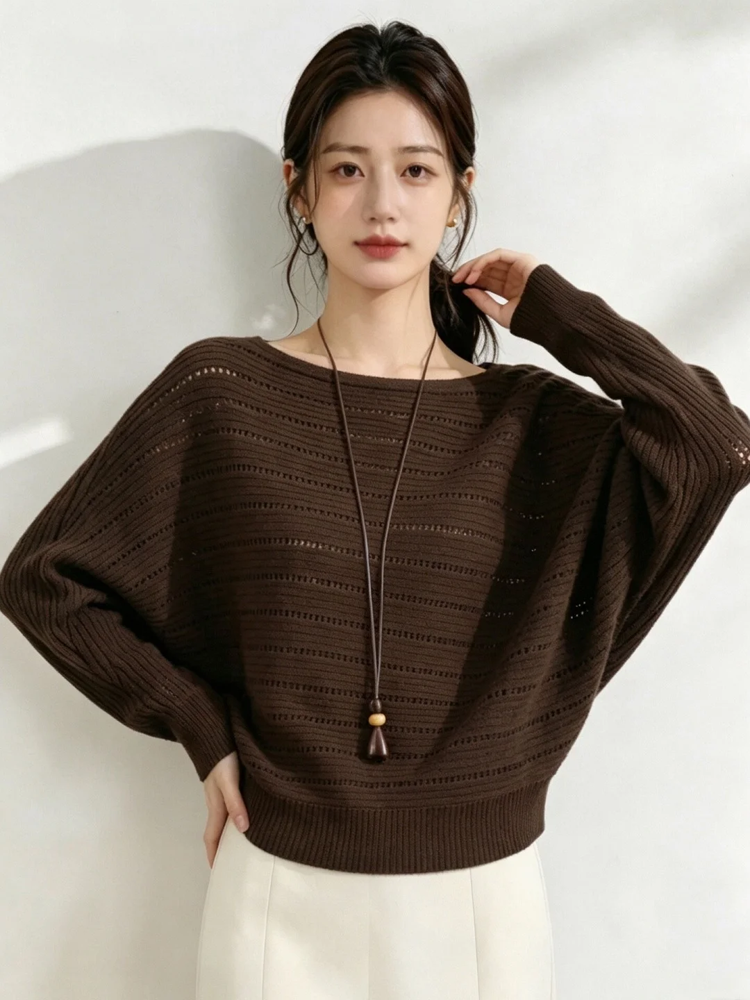 Ladies' Casual Style Hollow out Batwing Sleeve Knitted Sweater V-Neck Slimming Tummy Covering Autumn Fashion Top