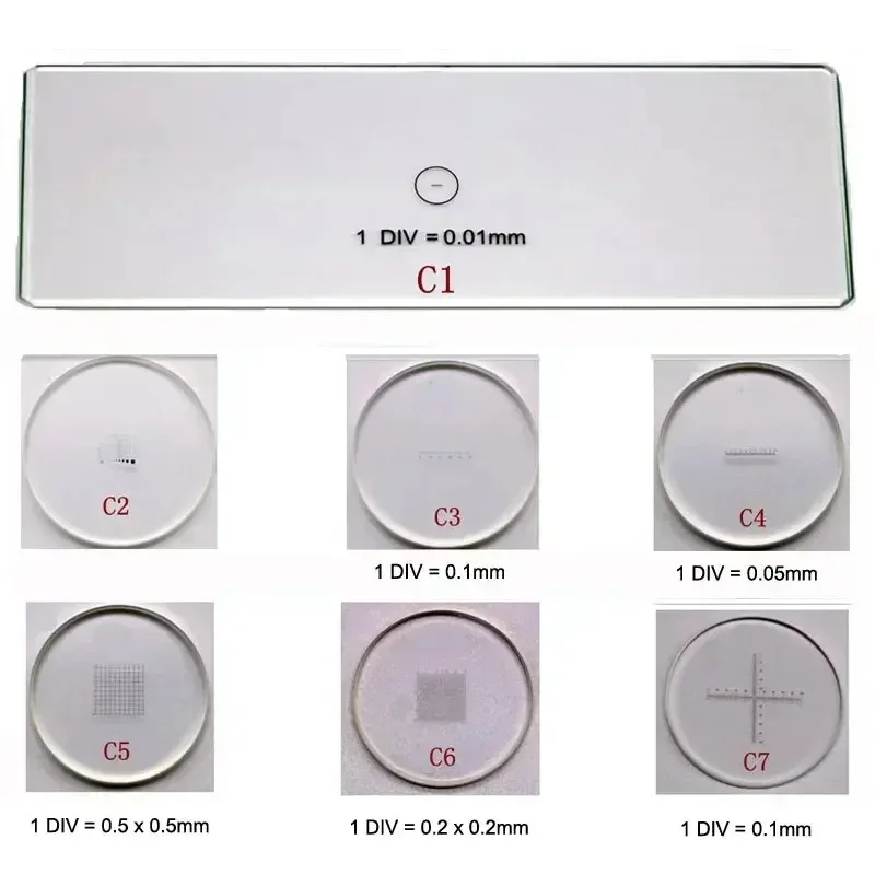 2PCS C1-C7 Microscope Calibration Glass Slides Reticle Stage Dial Micrometer Biological Measuring Calibration Ruler