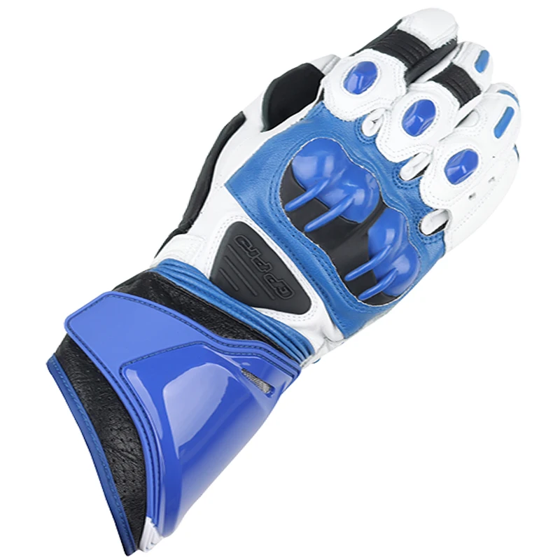

Blue White Leather Motorcycle Long Moto Racing Driving Motorbike Cowhide Gp Pro Gloves