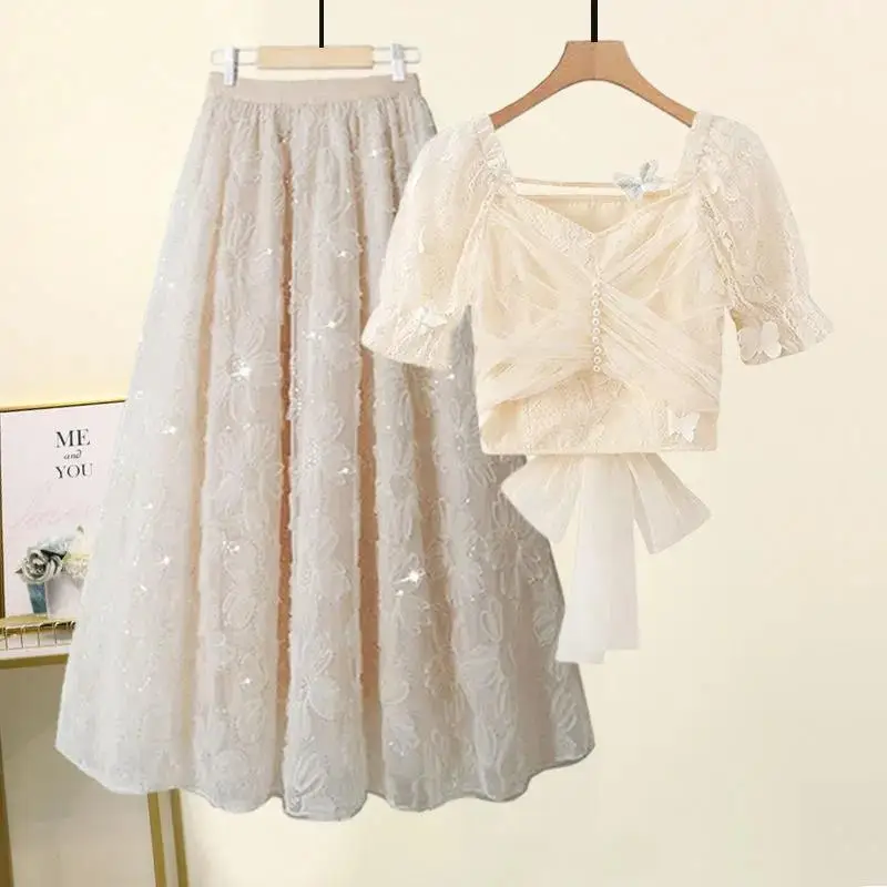 Korean Popular Sweet and Elegant Women\'s Skirt Set Sexy Lace Chiffon Shirt Tulle Bubble Skirt Two-piece Set Party Dress