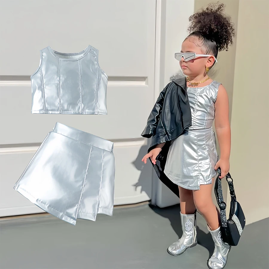 

Kid Girl Skirt Outfit Toddler Fashion Set for Sleeveless PU Leather Tops Elastic Waist Skirt Summer Children's Clothes 1-6 Years