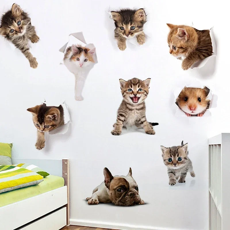 HOT Many Cartoon Animal Kitty Puppy Hamster Wall Stickers 3D Hole Decals For Closestool Stink Pot Decal Home Decor Mural Art Pvc