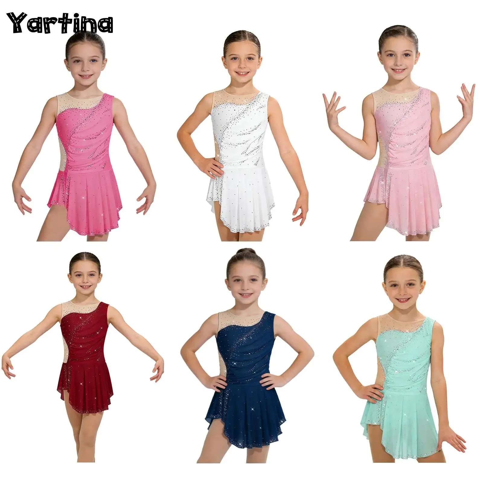 

Детские гимнастические купальники для девочек, костюмы для фигурного катания, балета, лирического танца, с блестящими стразами, сетчатым платьем с драпировкой и боковым разрезом