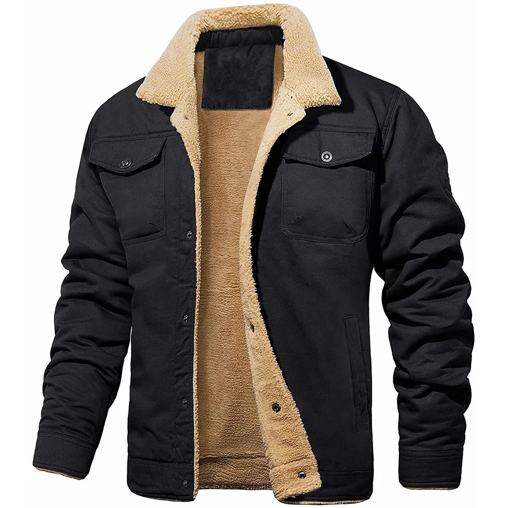 

Casual Cargo Jacket Men Trucker Jacket Army Green Winter Cargo Jacket Solid Color Daily Wear Fleece Lined Regular Length