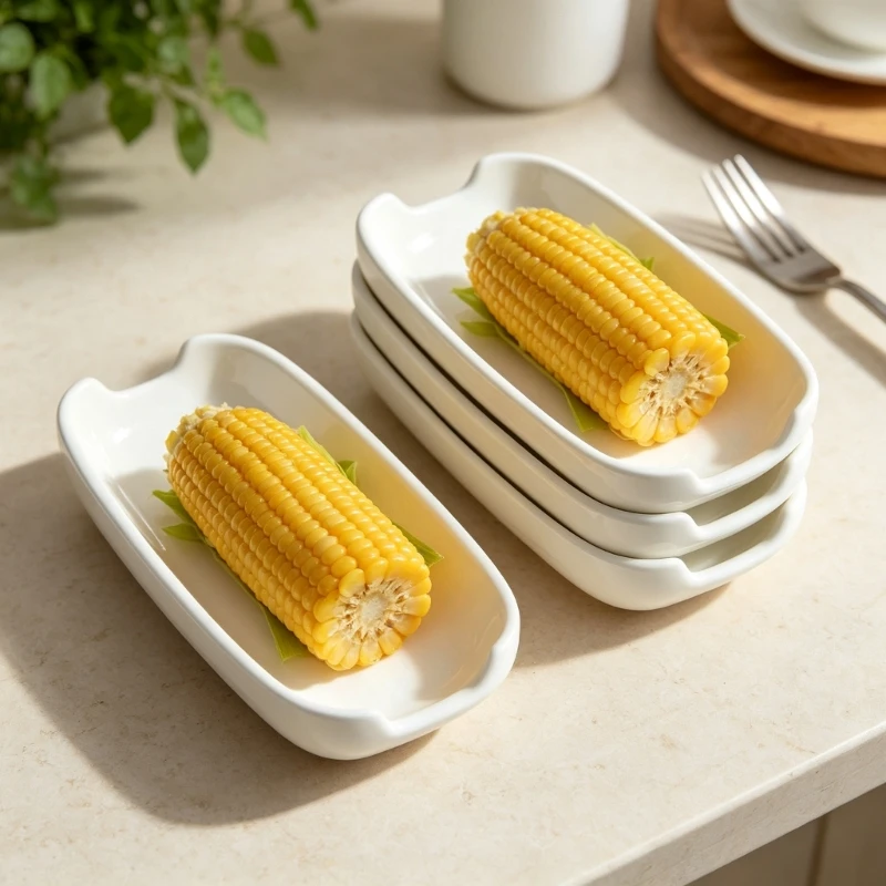 Porcelain Corn Serving Dishes, Set of 4 White Trays with Elongated Recessed Centers for Individual and Space-Saving Cabinet