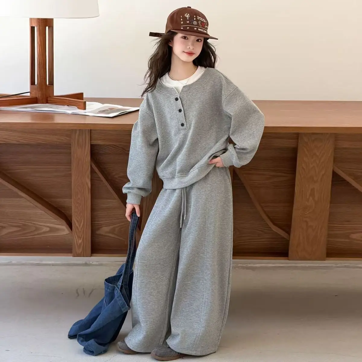 Spring and Autumn Set New Children's Loose Sweatshirt+Wide Leg Pants Two Piece Set 120-170cm