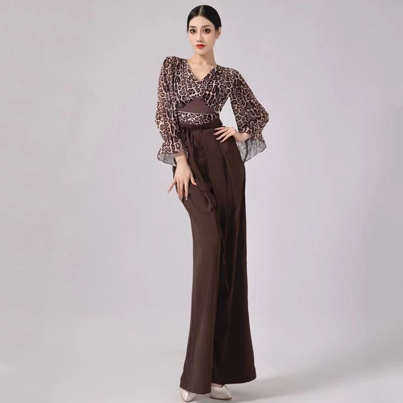 Latin Dance Costumes Leopard Print Long Sleeved Jumpsuit Brown Wide Leg Loose Pants Training Suit For Women Latin Dress DN16786