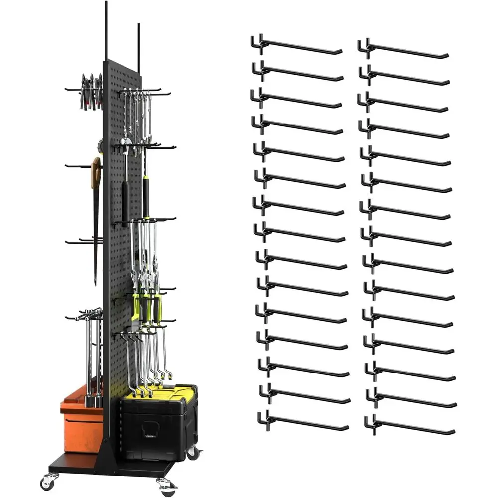 

Double-Sided Pegboard Shelving with 30 Hooks, 63x23x15 in, Portable Organizer for Kitchen and DIY Projects, Mobile Pegboard in B