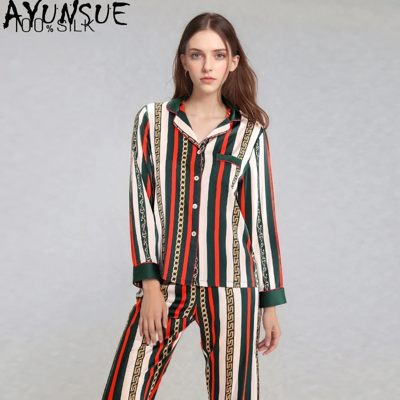 

AYUNSUE Natural Mulberry Silk Sleepwear Women 19MM 100% Real Silk Spring Summer Clothes Pajama Set Long Sleeve Top Pants Striped