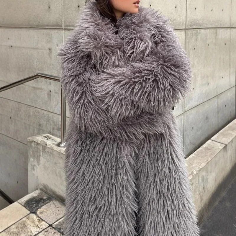 Fashionable Notched Collar Long Faux Fur Coat Warm Thick Fleece Jacket Elegant Women\'s Office Fluffy Coat Chic Faux Fur Jacket