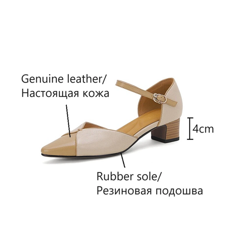 NEW Summer Women Sandals Genuine Leather Shoes for Women Cover Toe Chunky Shoes Pointed Toe Cover Heel Sandals Mixed Color Shoes