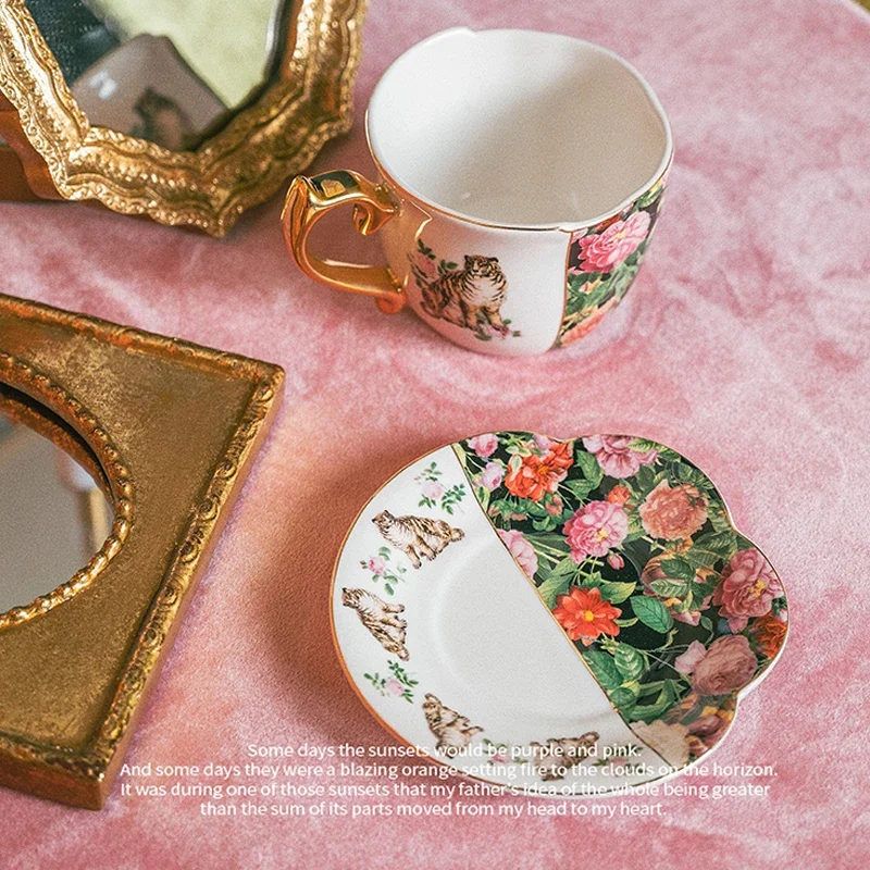 Gold Stroke Ceramic Coffee Cup with Saucer European Classical Tiger Rose Painting Cup Afternoon Tea Dessert Dishes Juice Cups