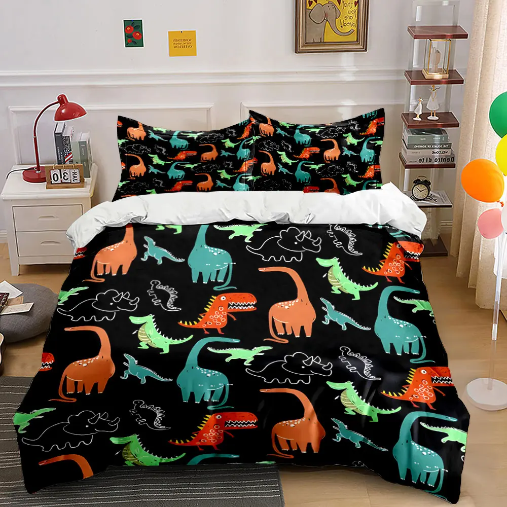 Cartoon Dinosaur Black Background Print Bedding Set 1 Duvet Cover 2 Pillowcases for Adult and Children Luxury Gift Full Size