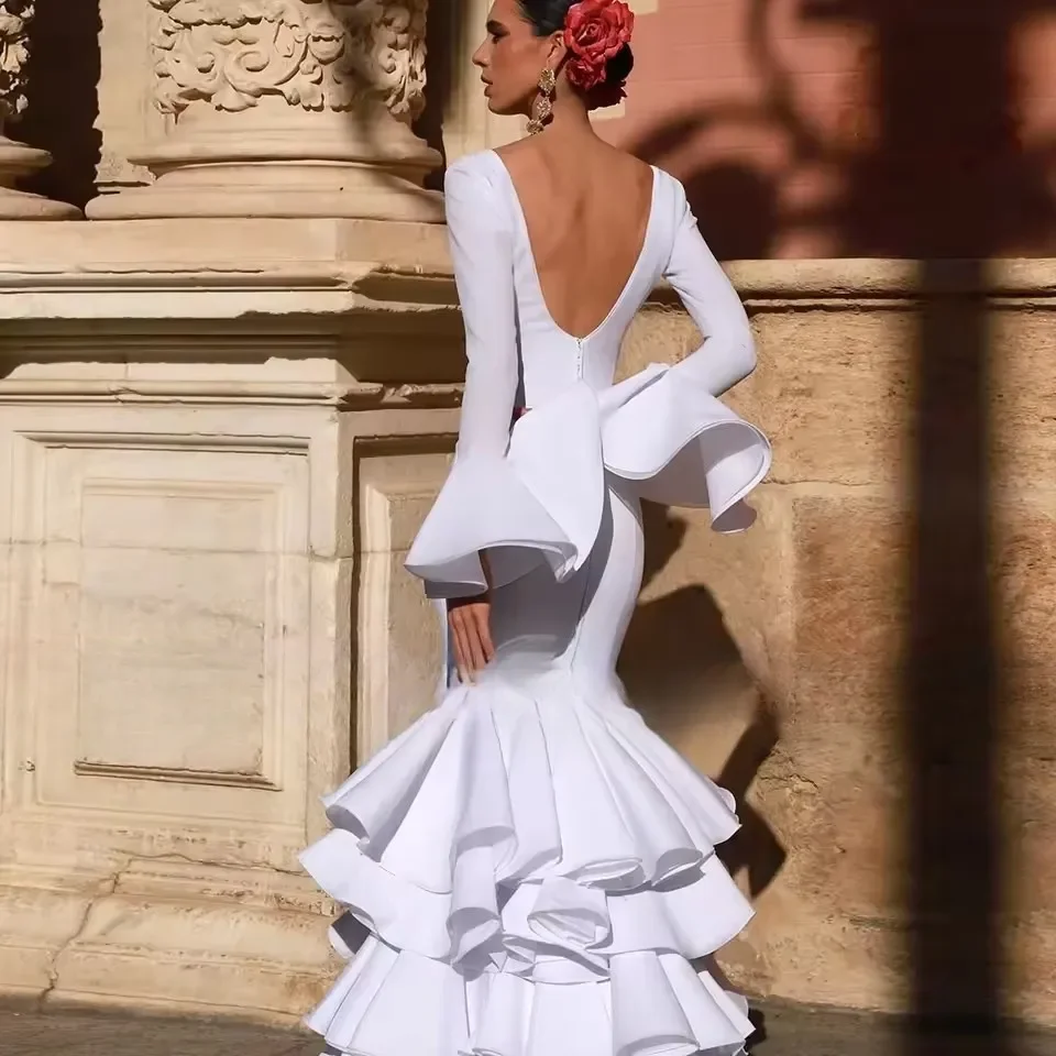 White Gypsy Prom Dance Dress for Women Ruffles Long Sleeves Backless Ceremony Party Formal Evening Dresses 2025