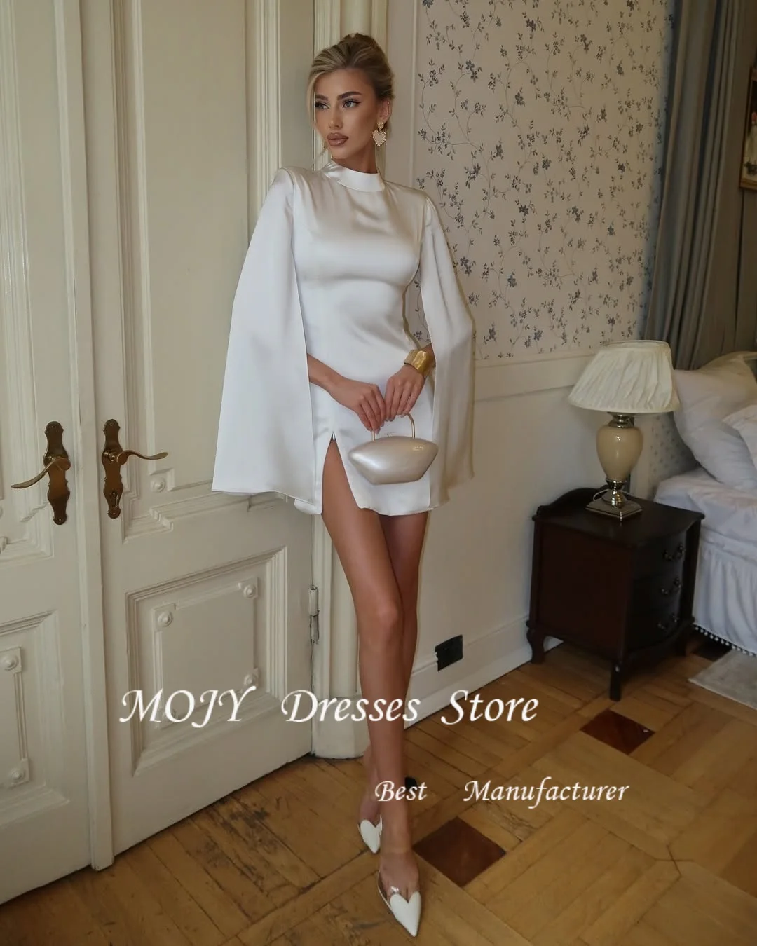 

Mojy Simple Satin Mini Wedding Dress For Women Sexy High Neck Long Sleeves 2025 Pleated Side Slit Ivory Short Gown Customized