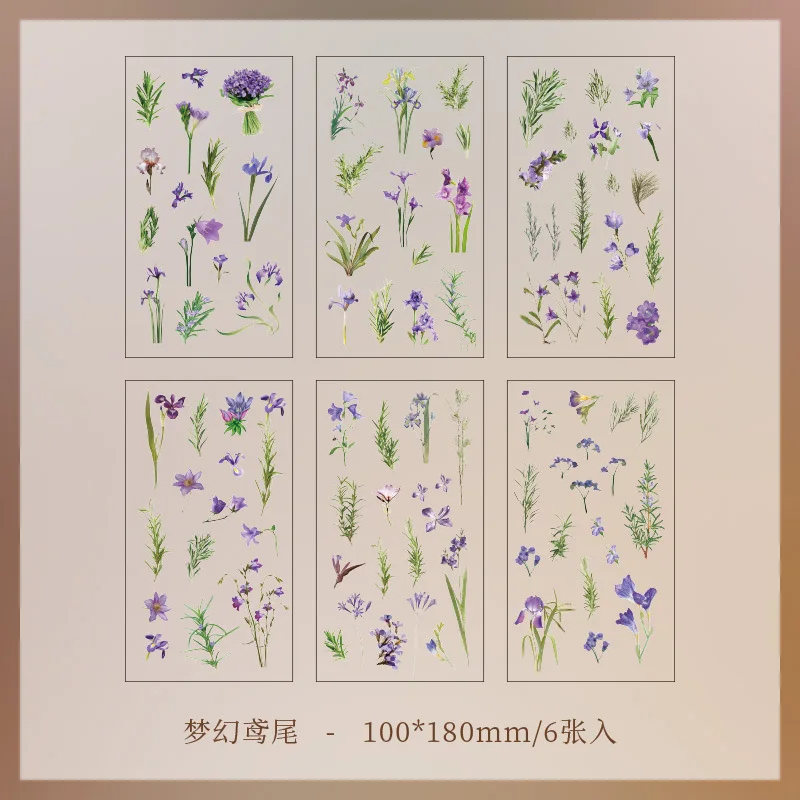 6pcs/pack Transparent PET Stickers Scrapbooking Materials DIY Junk Journal Collage Floral Leaves Plants Decor Stickers